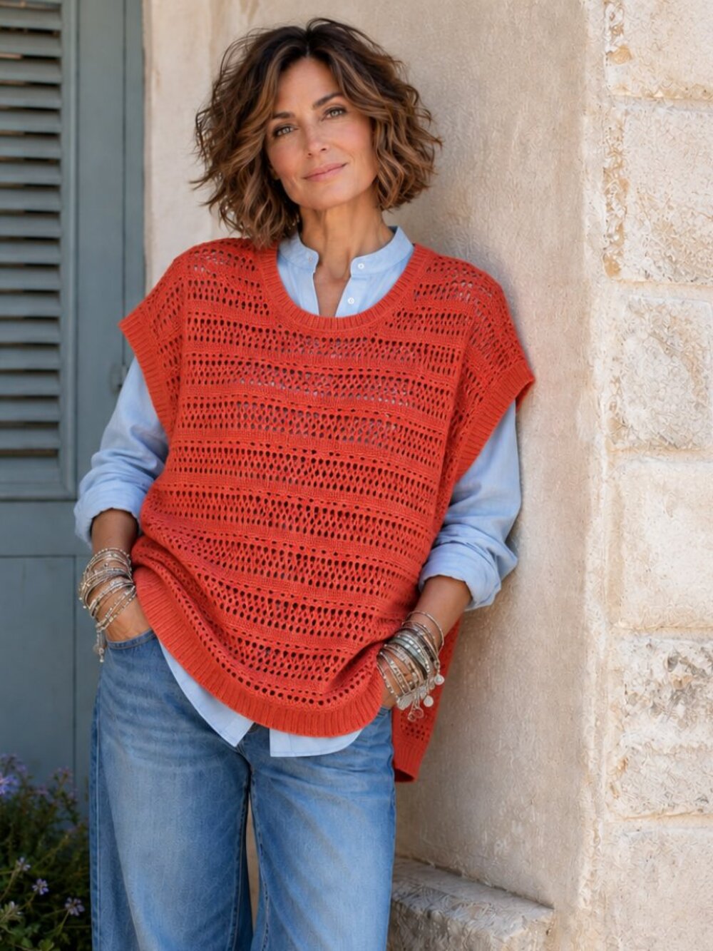 Chic Burnt Orange Open-Knit Sweater Vest | Oversized Relaxed Fit